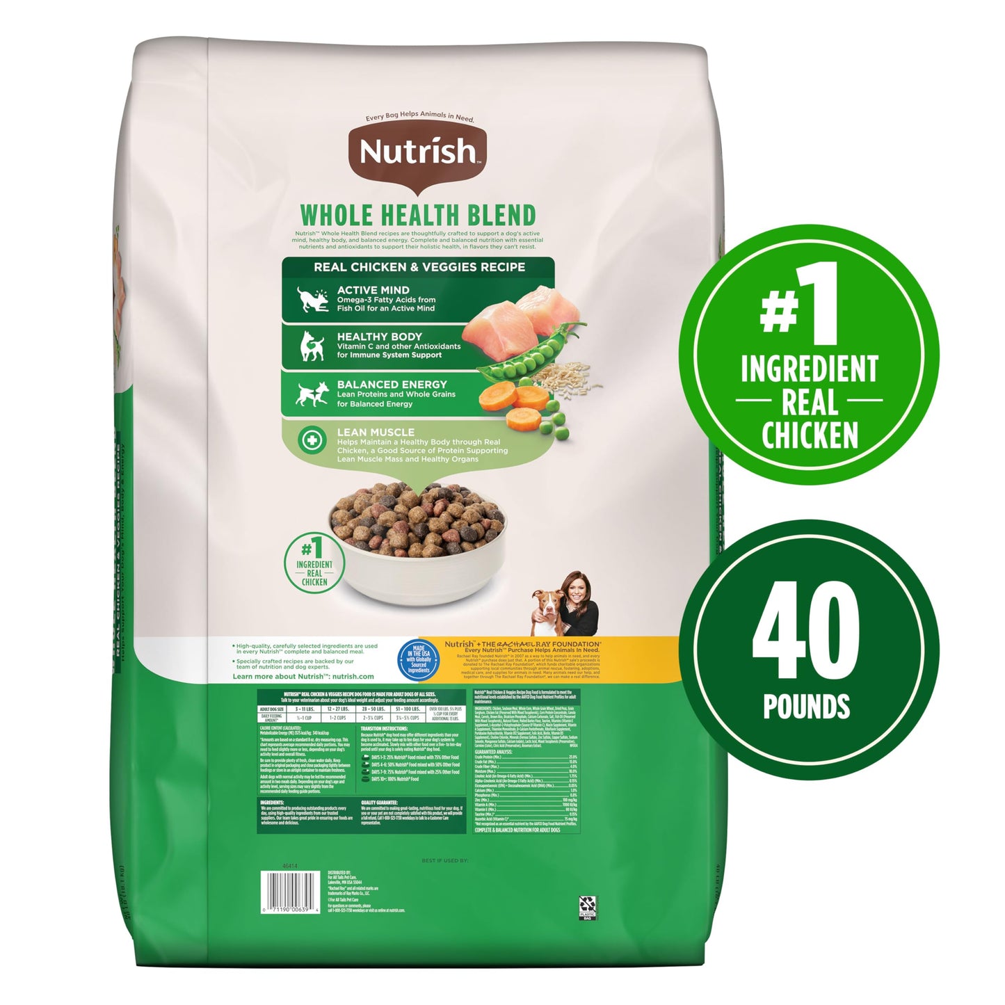 Nutrish Dry Dog Food, Real Chicken & Veggies Recipe Whole Health Blend for Adult Dogs, 40 lb. Bag, Packaging May Vary (Formerly Rachael Ray)