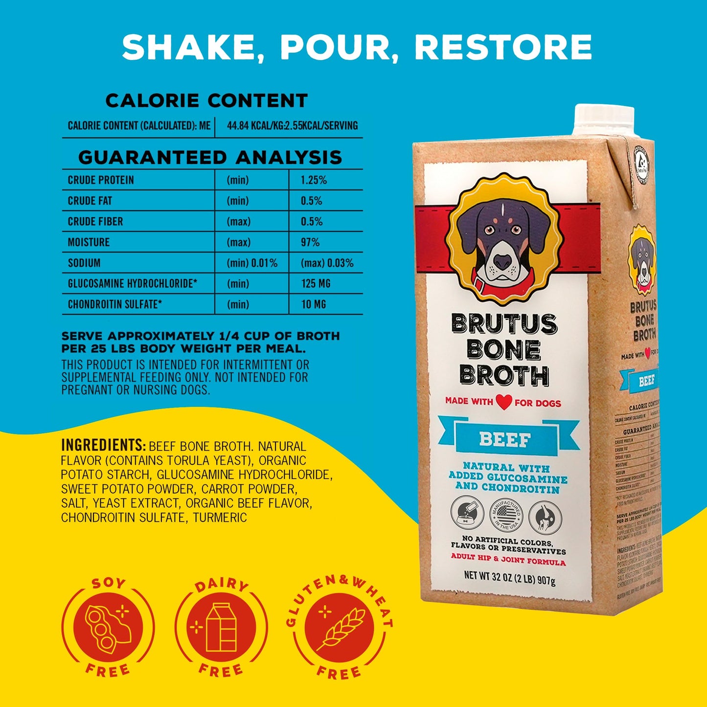 Brutus Beef Bone Broth for Dogs - All Natural Bone Broth with Chondroitin Glucosamine & Turmeric, Human Grade Food Toppers for Picky Eaters & Dry Food -Tasty & Nutritious- Pack of 6