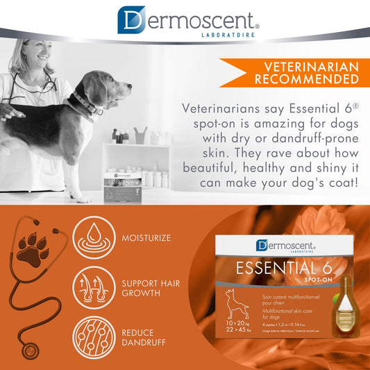 Dermoscent Essential 6 spot-on - Dog Skin Care for Dandruff & Allergy Relief with Vitamin E Oil - Anti Itch for Dogs - Natural Ingredients for Sensitive Skin - Dogs 10-20 kg - 4 Pipettes of 1.2 ml