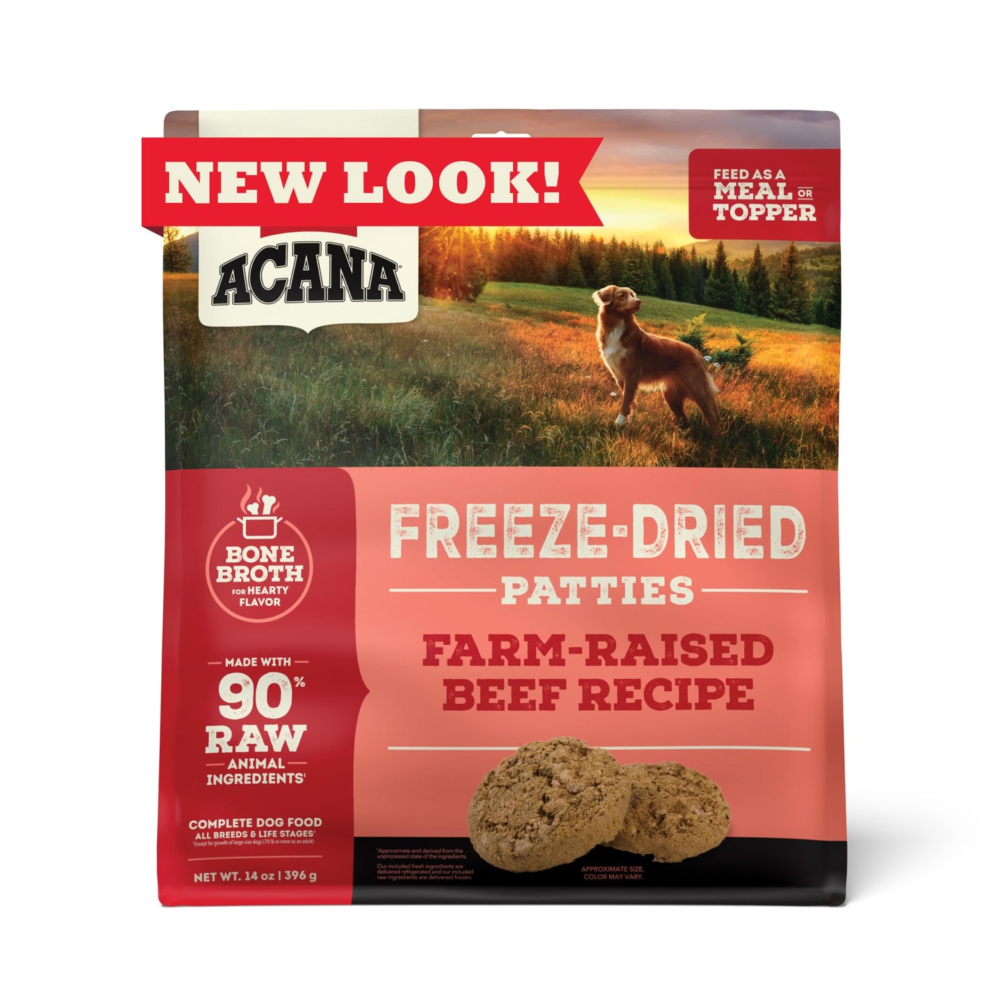 ACANA Grain-Free High Protein Freeze Dried Dog Food & Topper Ranch-Raised Beef Recipe Patties 14oz Bag