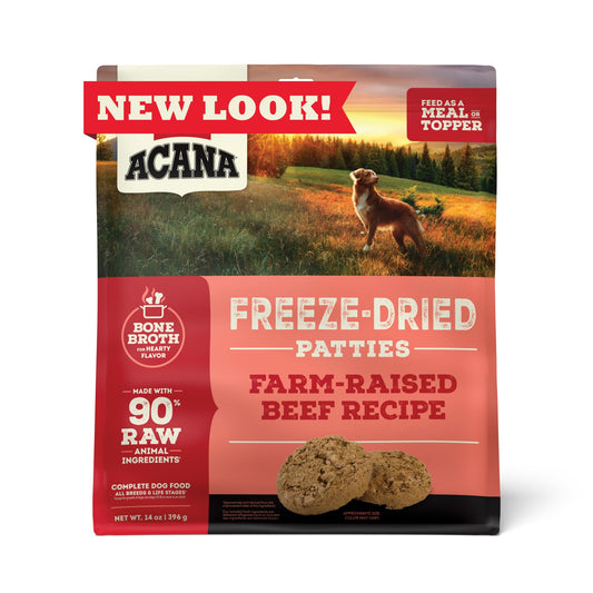 ACANA Grain-Free High Protein Freeze Dried Dog Food & Topper Ranch-Raised Beef Recipe Patties 14oz Bag