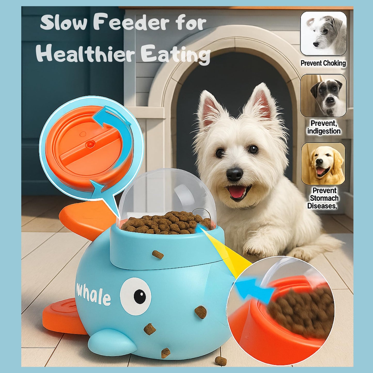Slow Feeder Dog Balls Puzzles for Smart Dogs Interactive Dog Toy Whale-Shaped Treat Dispenser for Small & Medium Dogs, Durable Non-Toxic Food-Grade Design + Suction Cups
