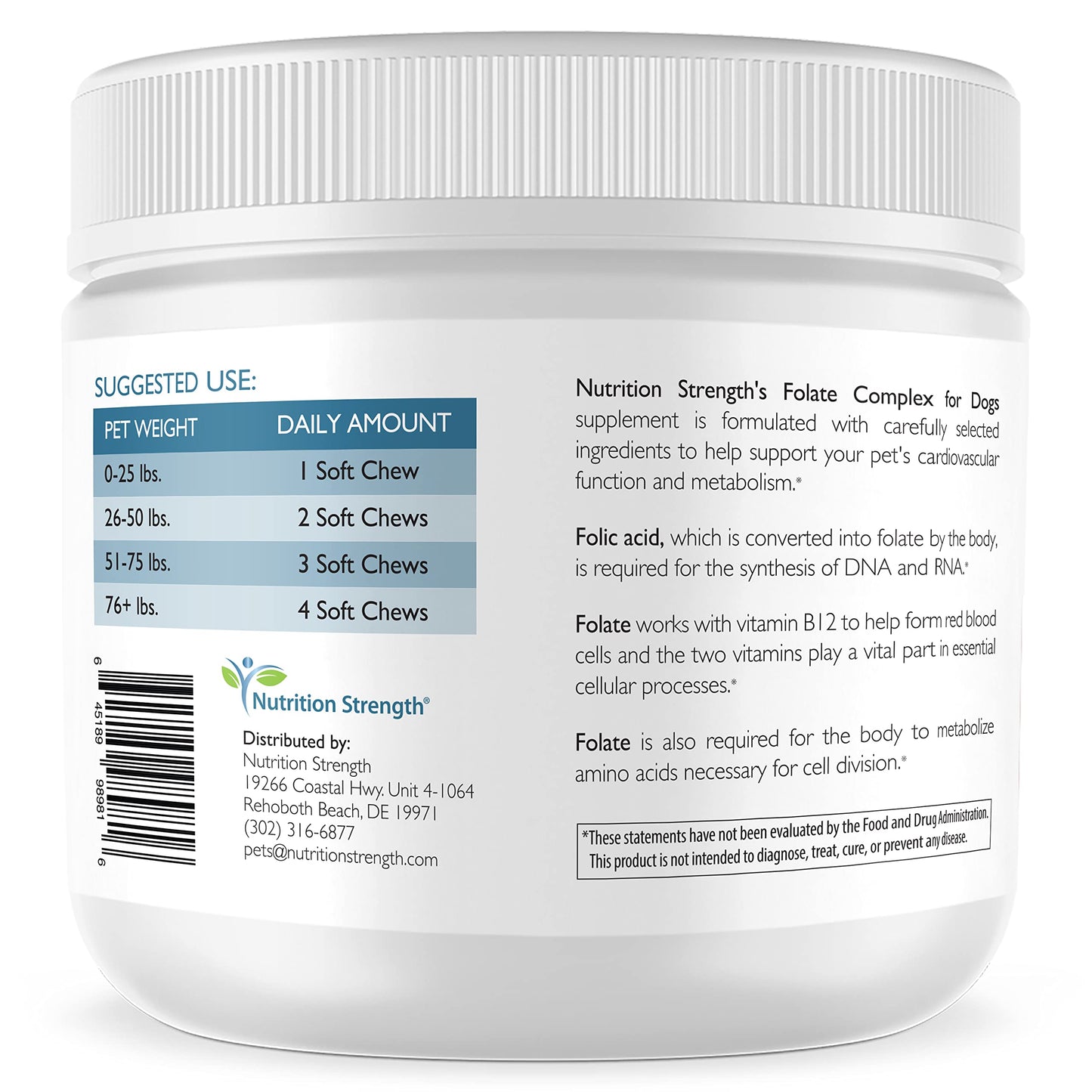 Nutrition Strength Folate for Dogs to Promote Cardiovascular & Prenatal Health, Support DNA Synthesis & Cell Maintenance, Folic Acid for Dogs with Zinc, Biotin, Iron & Vitamin B12, 120 Soft Chews