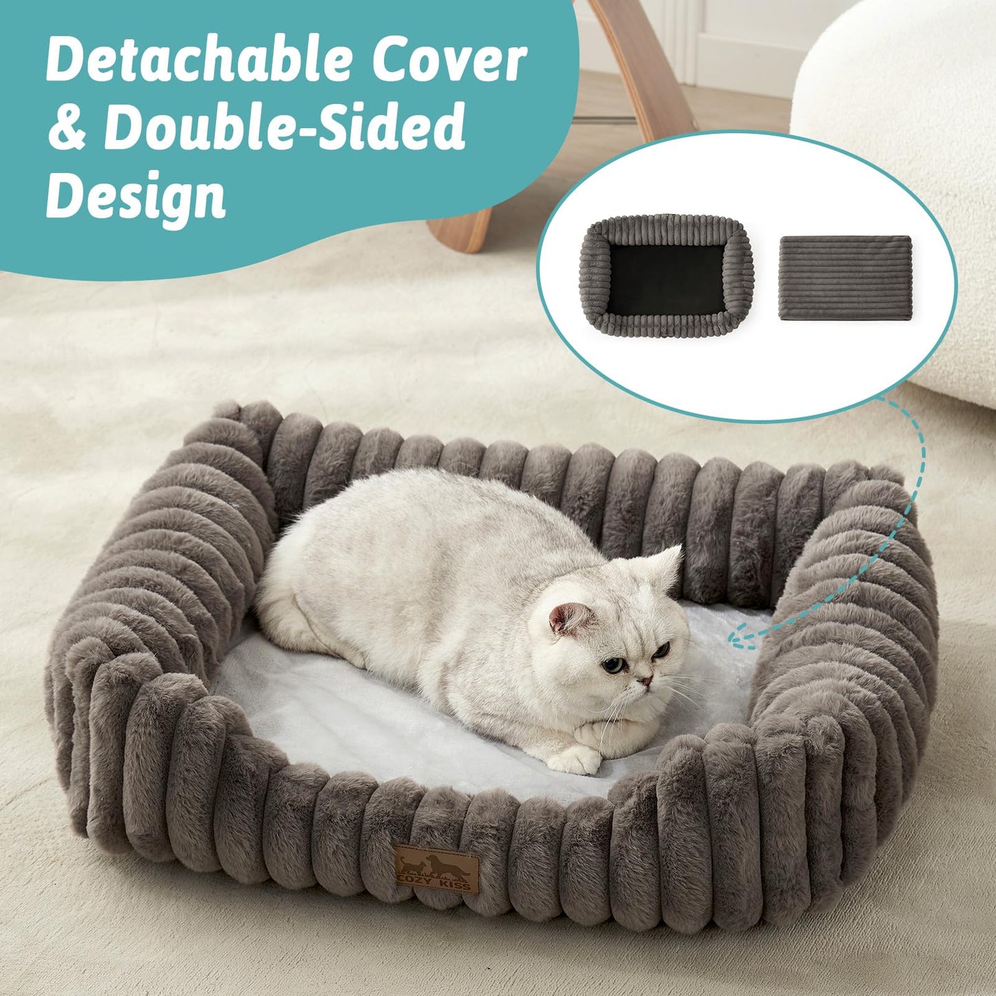 COZY KISS Orthopedic Pet Bed for Small Dogs & Cats - Washable Rectangle Pet Bed with Anti-Slip Bottom, Soft Calming Cat & Puppy Bed for Indoor Pets (30"x23"x7", Grey)