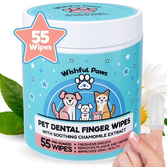 Dog Teeth Cleaning Wipes - Dog Tooth Brushing Kit - Dog Toothbrush Finger Wipes - Removes Plaque & Tartar, Dog Breath Freshener - No-Rinse Pet Dental Care for Dogs & Cats - Easy Use - 55 Count