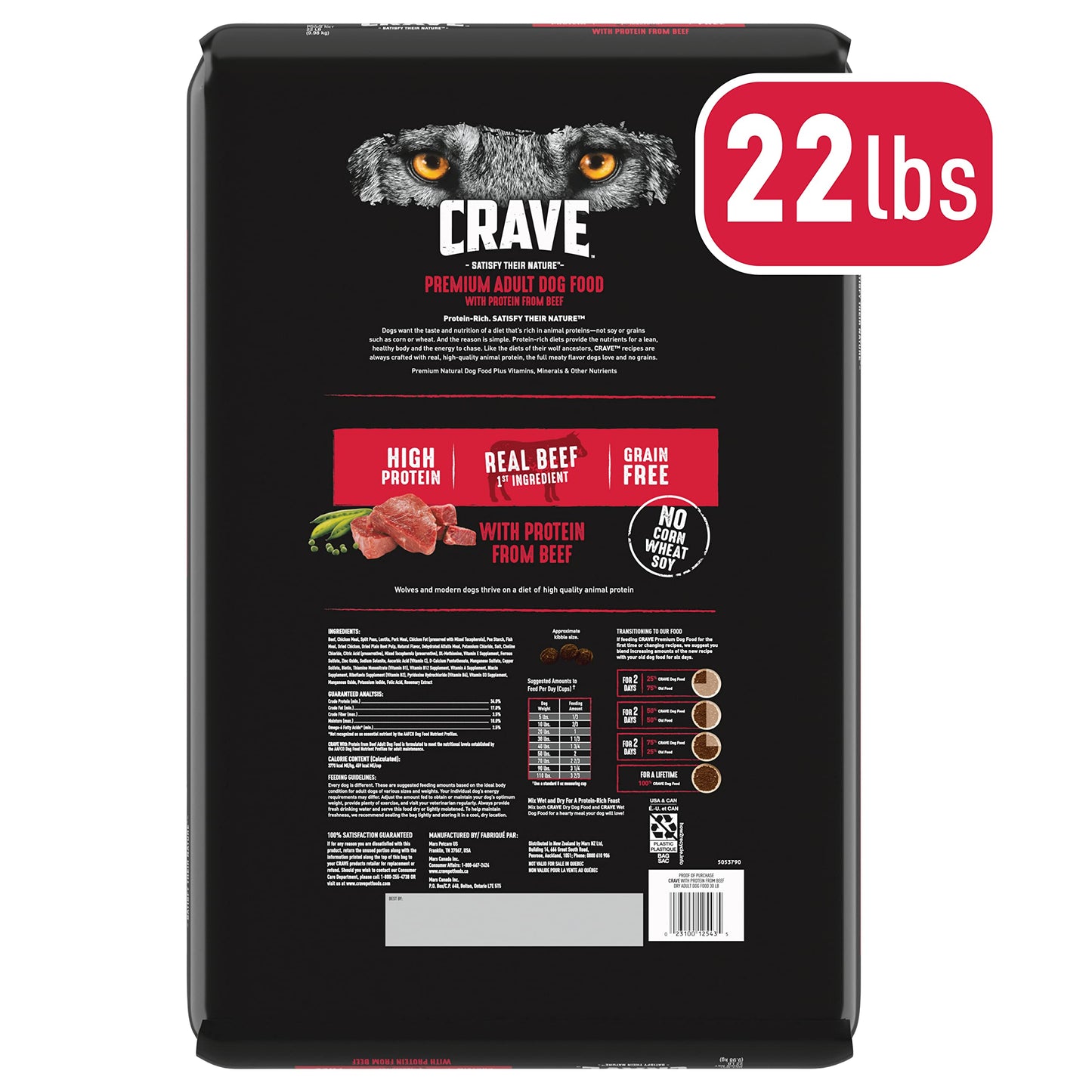CRAVE Grain Free High Protein Adult Dry Dog Food, Beef, 22 lb. Bag
