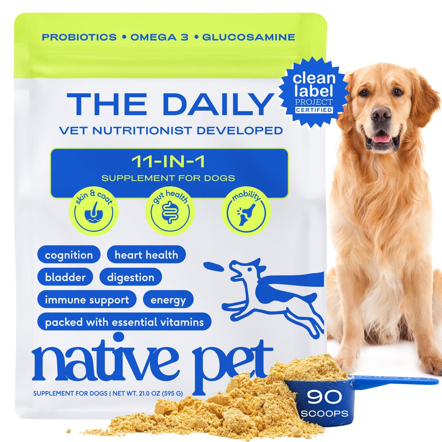 Native Pet Dog Vitamins & Supplements - 11-in-1 Multivitamin Powder for Dogs Food Topper - Collagen, Glucosamine, Probiotics, Omega & More- Supports Healthy Gut, Mobility & Overall Health -90 Scoops