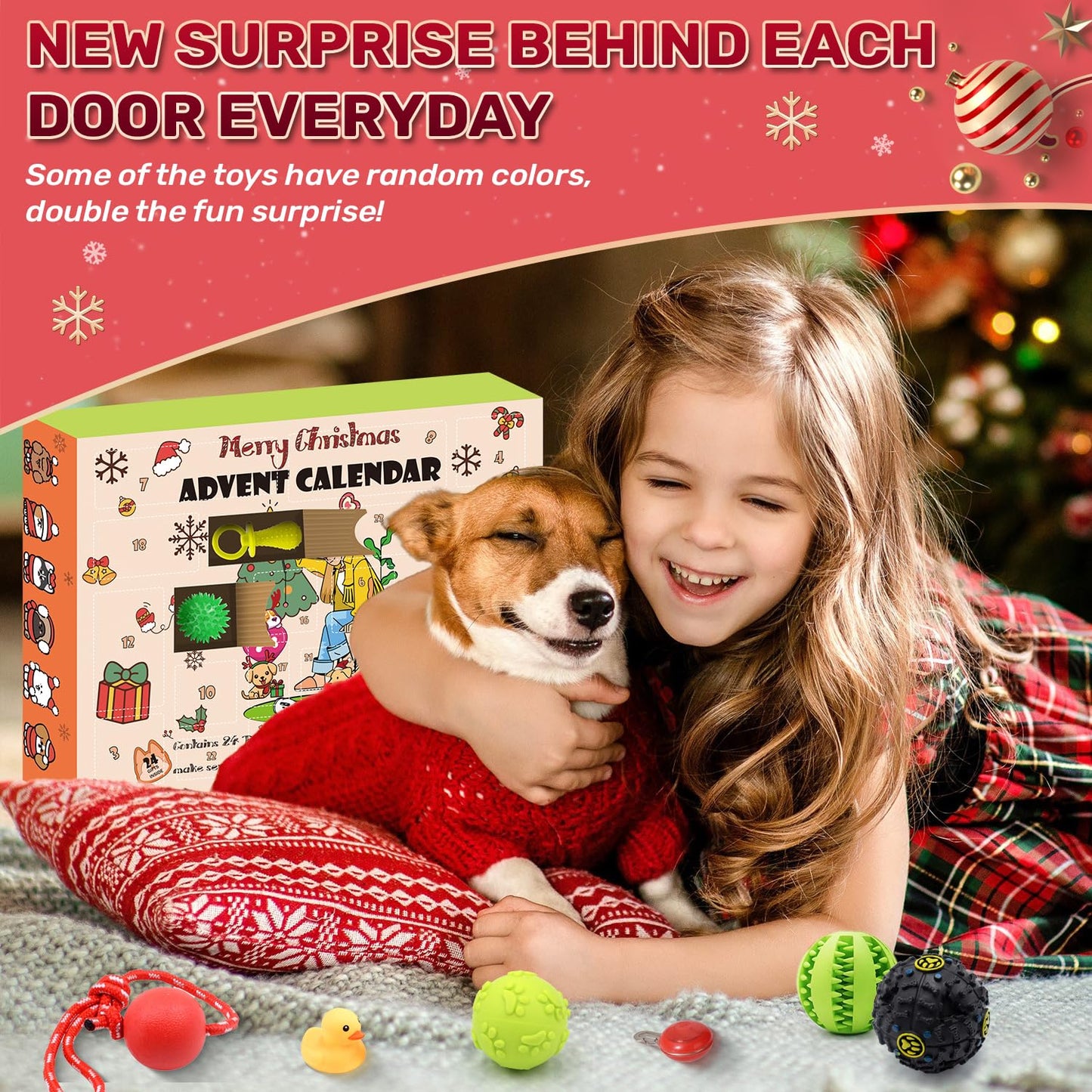 Dog Advent Calendar 2024, Christmas Dog Toys with Chew Ropes Squeaky Balls Teething Toys Dog Bow Tie Collars Bandana, 24 Set Christmas Countdown Calendar Gift for Dog Puppy