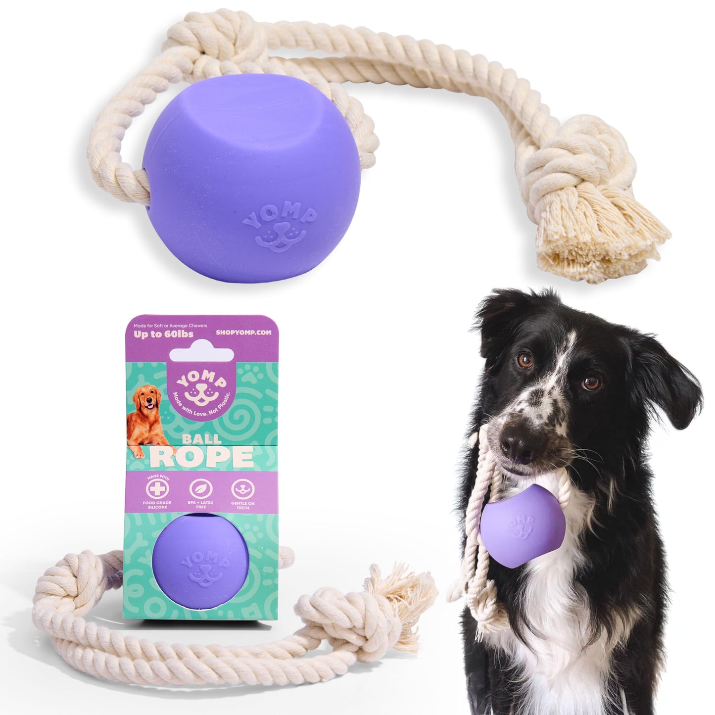 Yomp BallRope Ball on a Rope Dog Toy – Interactive Tug of War Toy for Soft and Medium Chewers, Teething Puppy Ball – Made from Pet-Safe, Non-Toxic Silicone