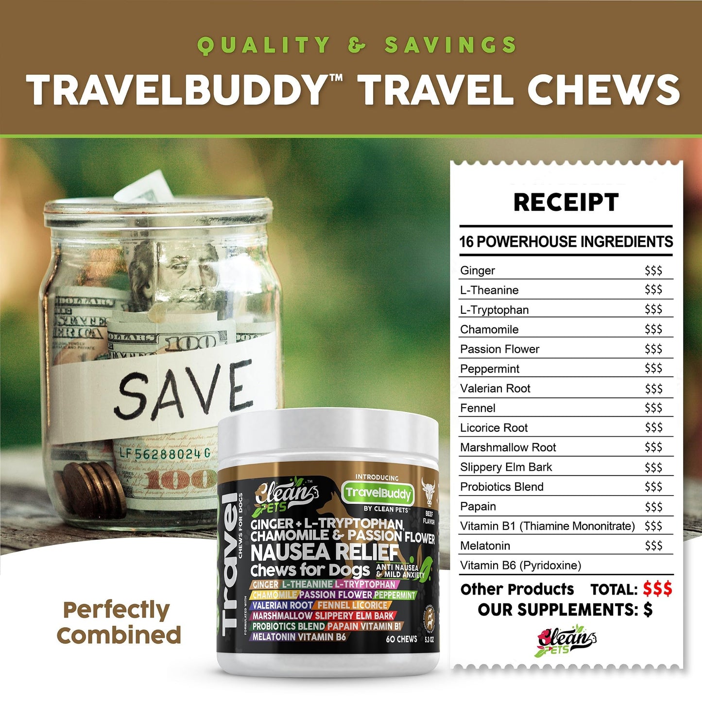 Clean Pets Travel Chews Nausea Relief for Dogs | Ginger L-Tryptophan Chamomile Passion Flower L-Theanine Peppermint Valerian Root Fennel Licorice Root Marshmallow Root Slippery Elm Melatonin Chew