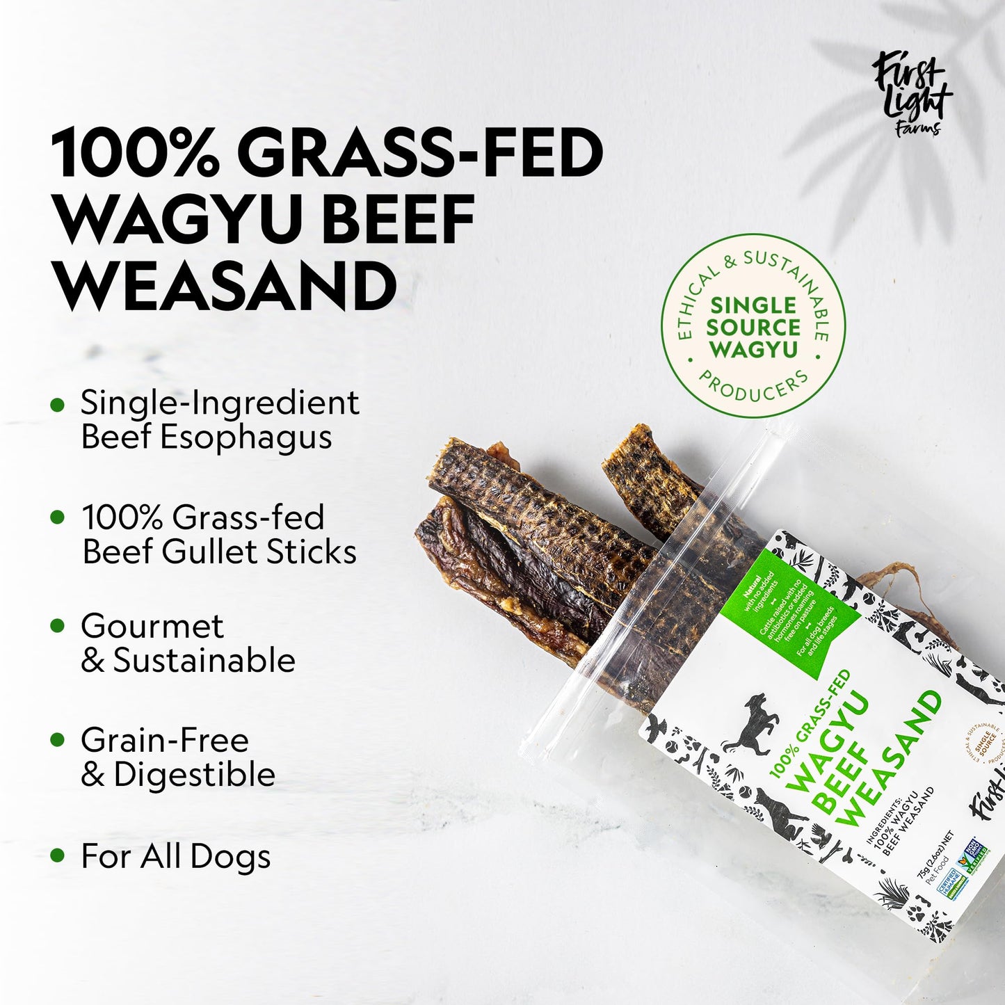 First Light Farms Wagyu Beef Esophagus Dog Treats | Gullet Sticks for Dogs | Esophagus Jerky Treats | All Natural Weasand Chews, 4-5 Count | Healthy Treats for Teeth, Mental Stimulation, Joint Support