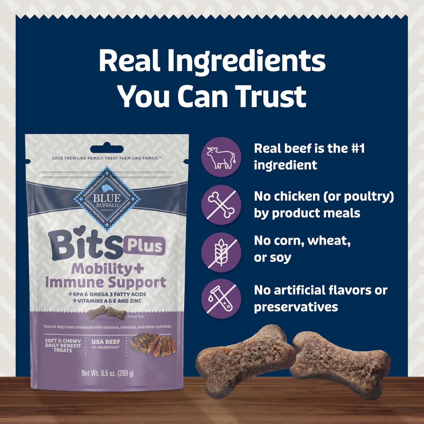 Blue Buffalo Blue Bits Plus Mobility and Immune Support Daily Benefit Dog Treats, Soft & Chewy Beef Morsels, 9.5-oz. Bag