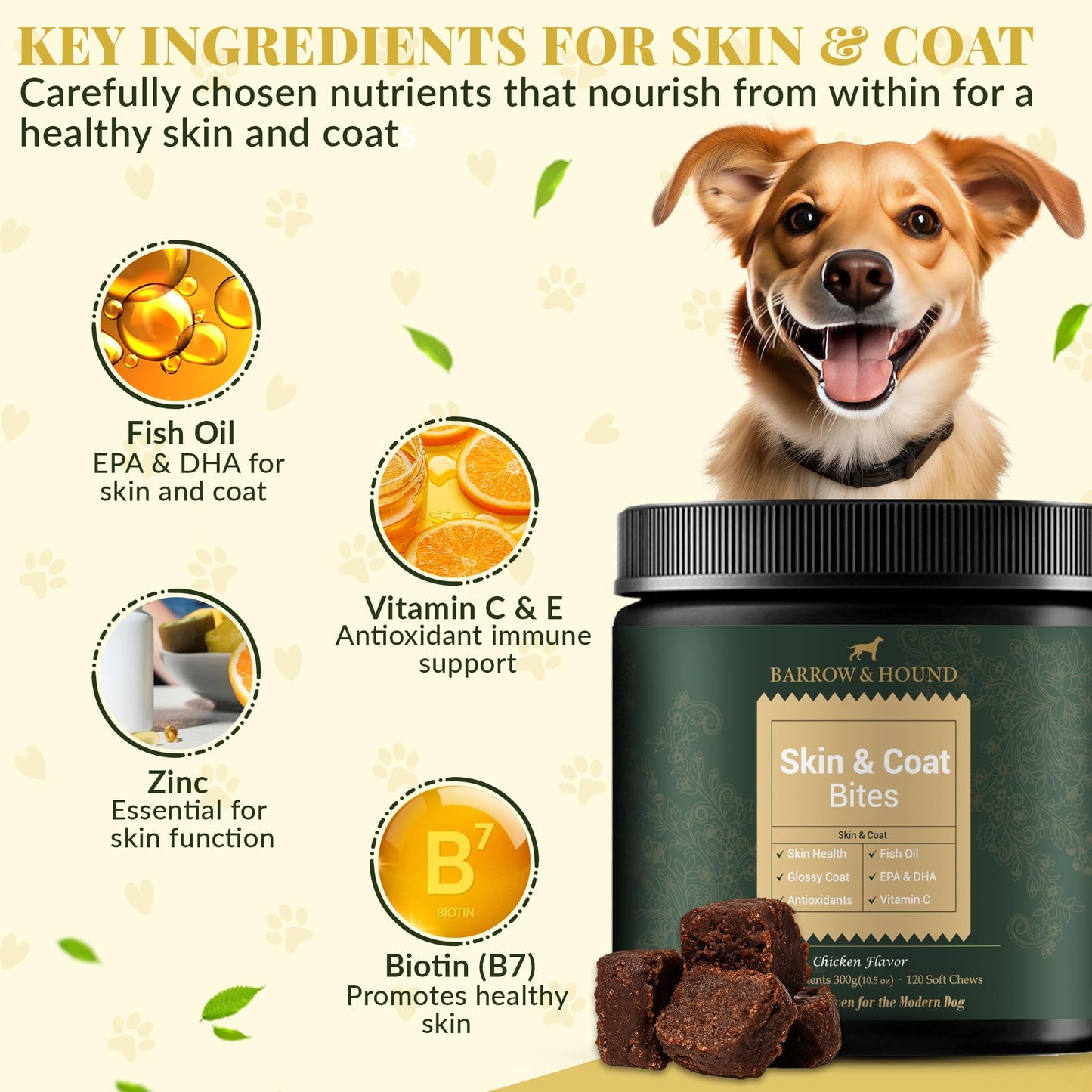 Barrow & Hound - Skin & Coat Support Chews for Dogs – 120 Soft Chews with Fish Oil, Omega 3, Biotin & Zinc – Shiny Coat & Healthy Skin – Chicken Flavor
