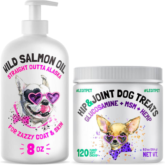 Wild Alaskan Salmon Oil for Dogs & Cats 8 oz and Mushroom Complex Treats for Dogs with Reishi Shiitake and Turkey Tail 120 Chews