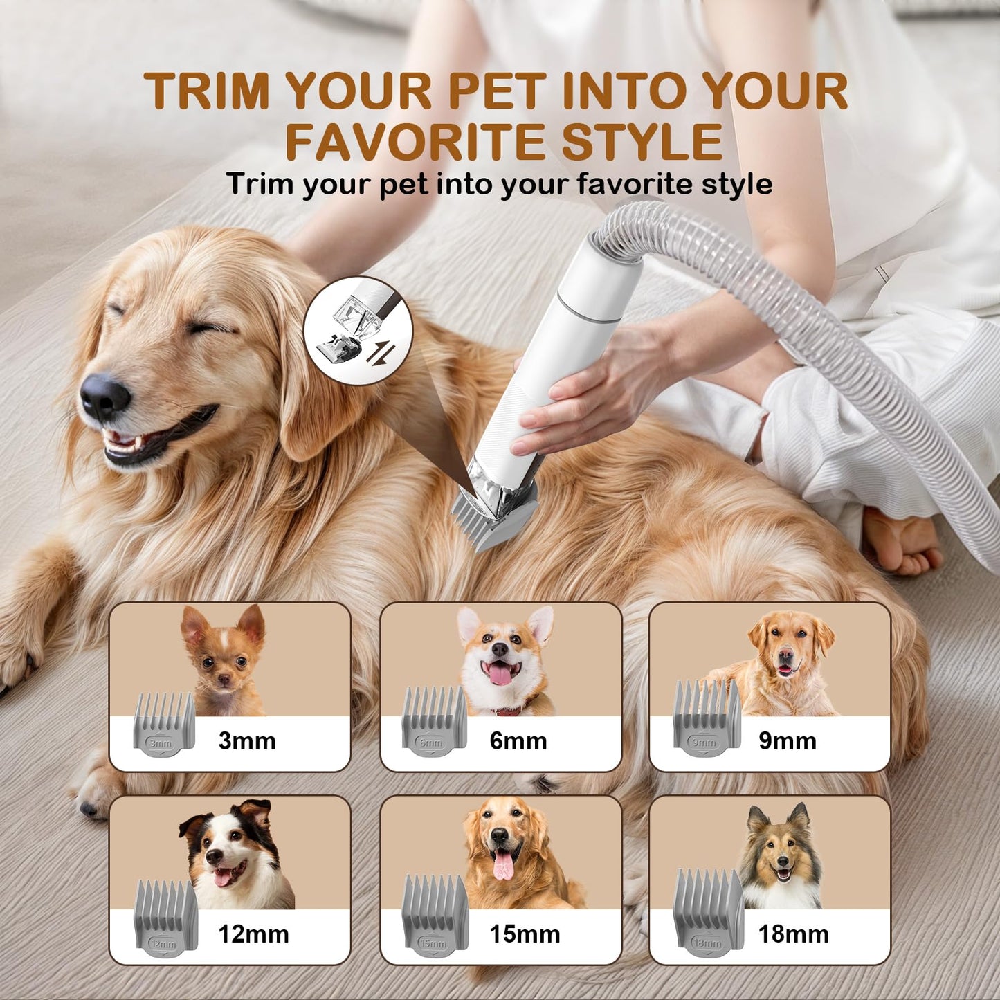 Dog Grooming Vacuum, Dog Grooming Kit with Pet Clipper Nail Grinder, 3 Suction Modes Dog Brush Vacuum with 6 Pet Grooming Tools (Brown)