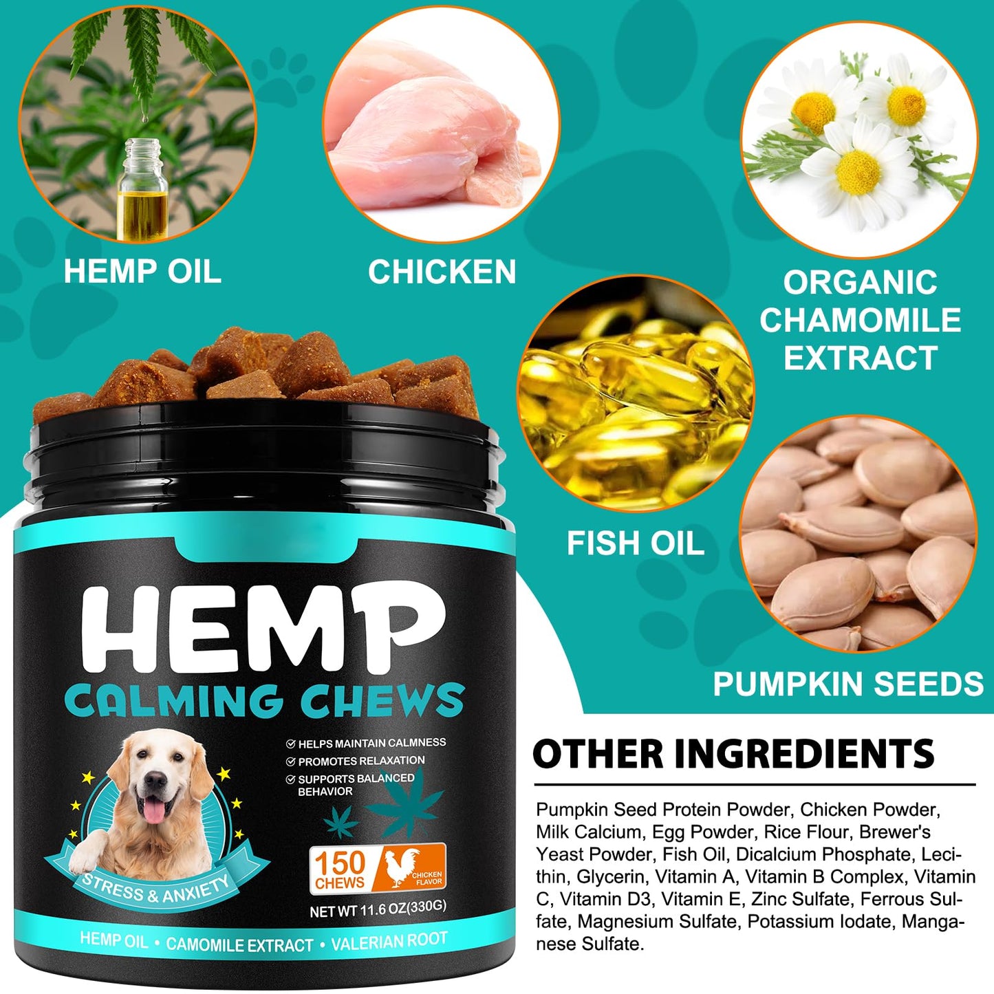 Chicken Calming Chews for Dogs, Dogs Anxiety Relief Treats, Advanced Dog Calming Treats Hemp, Natural Ingredients Dog Calming Treats - Stress & Separation Anxiety (150 Treats)