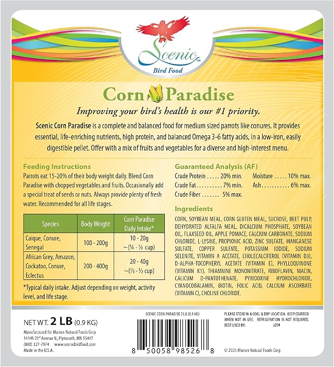 Scenic Corn Paradise Premium Parrot Food - Natural Flavors, High Protein, Low Iron Conure Bird Food, Eclectus & Other Small Pet Parrots, Omega 3, Vitamins & Minerals, 2 LB Bag