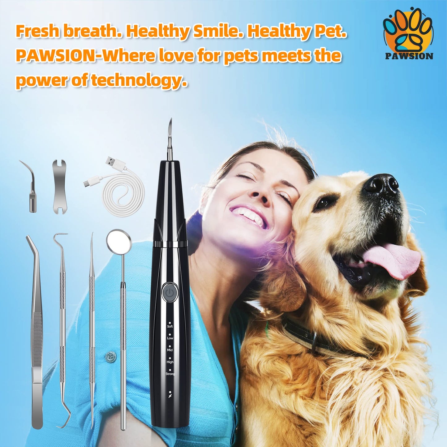 PAWSION Ultrasonic Dog Plaque and Tartar Remover, Teeth Cleaning Kit for Pets, Rechargeable Dental Scraper for Pets, 5 Modes with 3 Cleaning Heads and LED Light