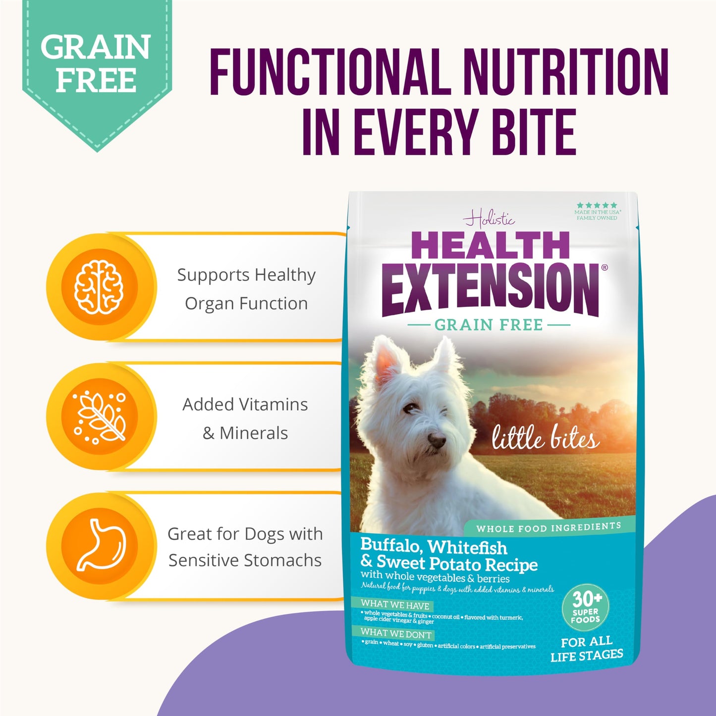Health Extension Grain Free Buffalo & Whitefish Little Bites (3.5 lb / 1.59 kg) - Small Kibble Formula with Omega 3 & Whole Foods for Teacups, Toys & Miniature Dogs