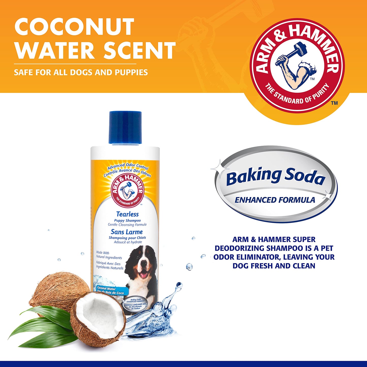 Arm & Hammer for Pets Tearless Puppy Shampoo | Tearless Dog Shampoo for Puppies Gently Cleans & Deodorizes | Fresh Coconut Water Scent That All Dogs Love, 16 oz Bottle
