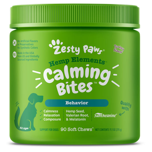 Zesty Paws Hemp Calming Chews for Dogs - Dog Hemp Calming Chews with Melatonin for Dogs for Stress, Travel, Check Ups, Thunderstorms, Separation Anxiety and More - Turkey - 90 Count