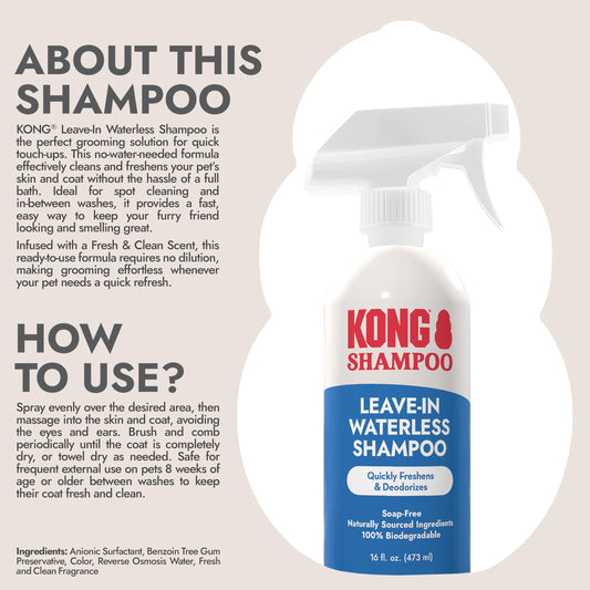 KONG Leave-in Waterless Shampoo for Dogs – Fresh & Clean Scent, 16 fl oz – No-Rinse, Biodegradable, Alcohol-Free, Dye-Free, Cruelty-Free, Gentle on Sensitive Skin, for All Coat Types, Made in USA