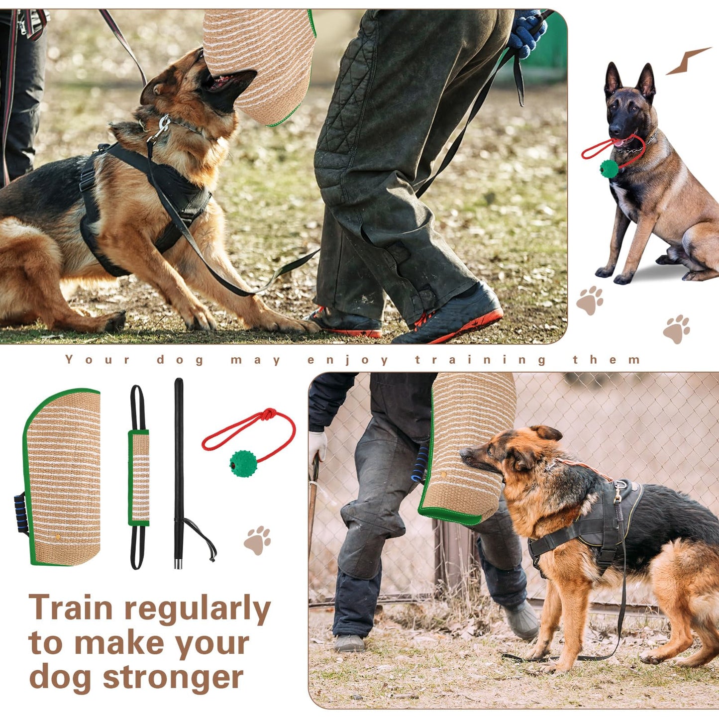 Leyndo 4 Pcs Dog Training Set Include Dog Sleeve Pillow Tug Toy Training Stick and Rubber Ball Professional Equipment for Biting Interactive Fetch K9 Puppy(Green)