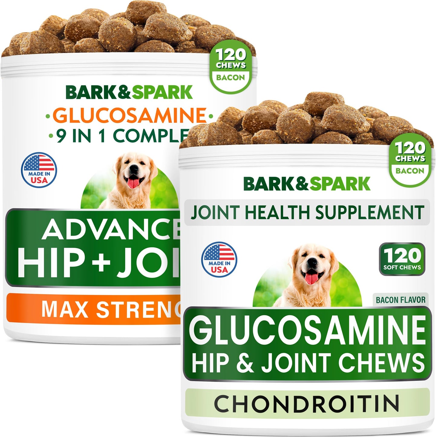 Glucosamine Dog Chews + Old Dog Joint Pain Relief Supplement Bundle - Senior Advanced Hip & Joint Support Formula - Chondroitin, MSM, Omega-3 - Bacon Flavor - 120 + 120 Chews - Made in USA