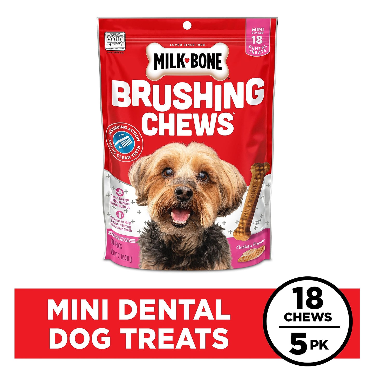 Milk-Bone Original Brushing Chews, 18 Mini Daily Dental Dog Treats (Pack of 5) Scrubbing Action Helps Clean Teeth