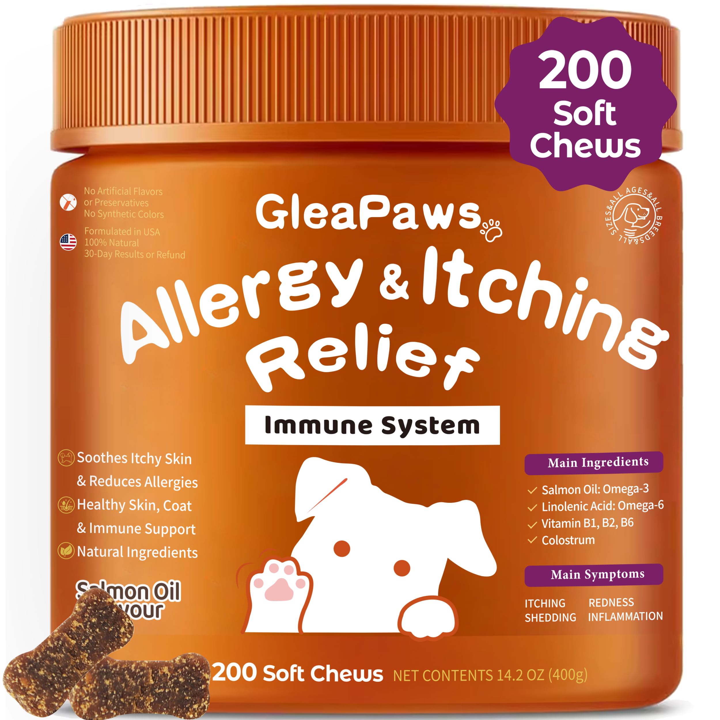 Dog Allergy & Itch Relief Supplement - Salmon Oil Omega-3, Omega-6, Vitamin B1/B2/B6, Colostrum Probiotics for Seasonal Allergy, Hot Spots, Paw Licking, 200 Chews, Store in Dry Place [Upgraded]