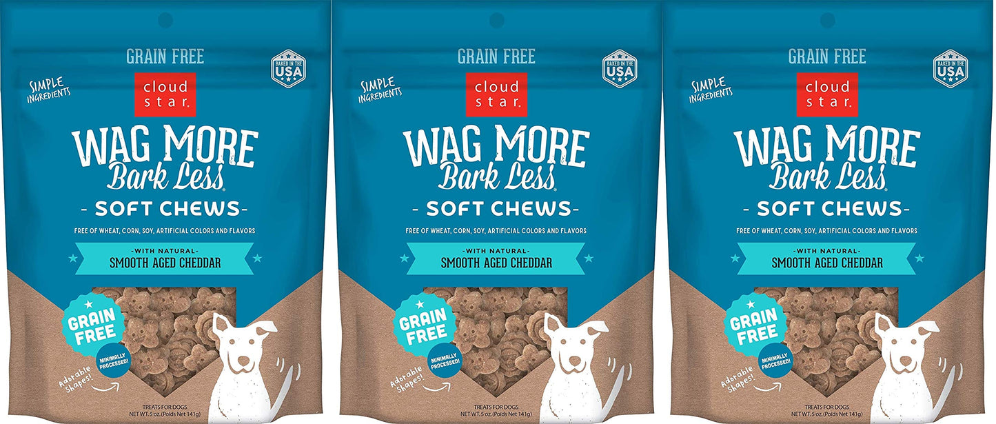Cloud Star 3 Pack of Wag More Bark Less Soft Chews Dog Treats, 5 Ounces Each, with Smooth Aged Cheddar