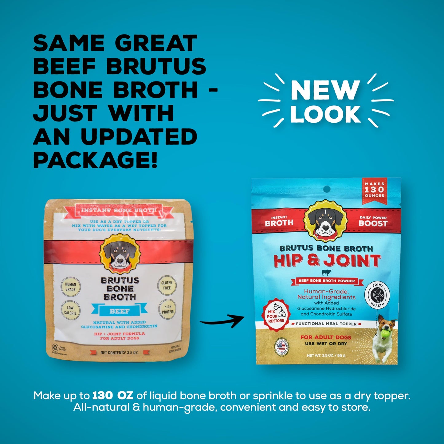 Brutus Bone Broth for Dogs Mega Pack (Beef) - All Natural Beef Broth Powder for Dogs - Toppers for Dry Food - Makes 130oz of Liquid Bone Broth