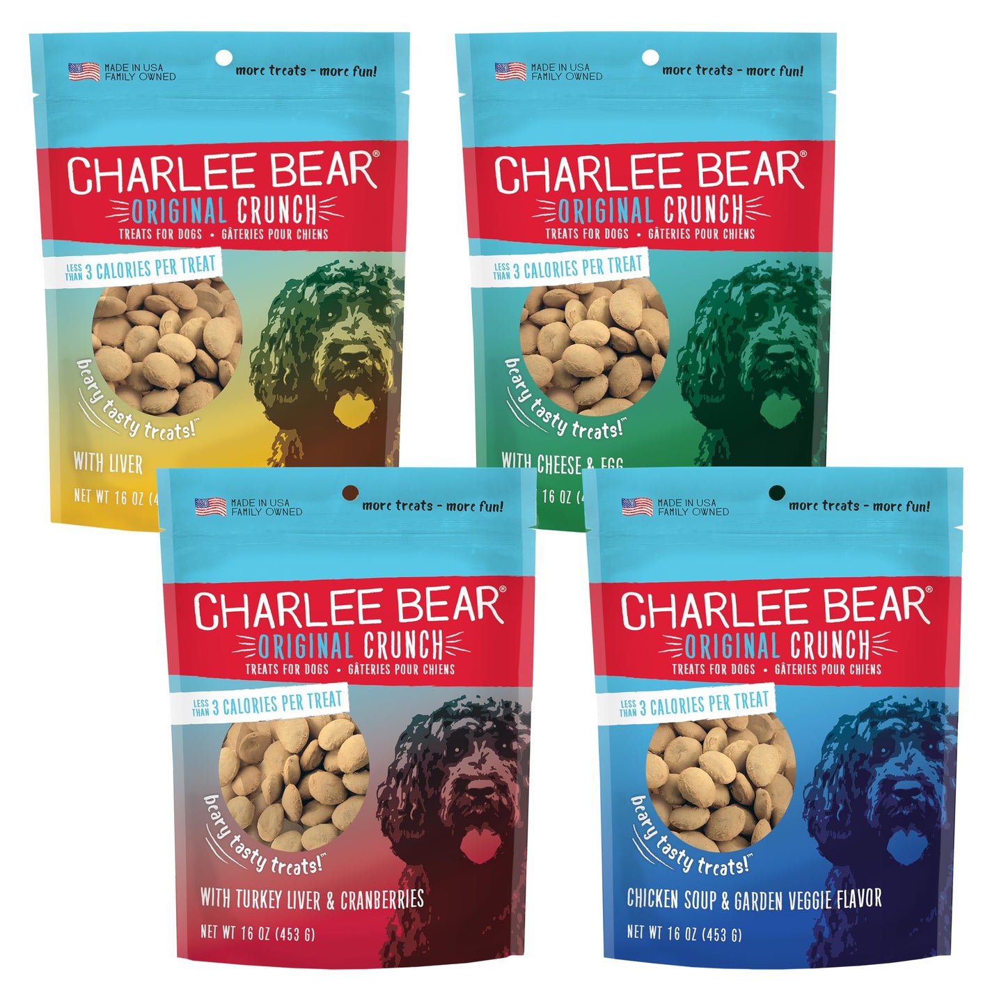 Charlee Bear Original Crunch Dog Treats Variety Pack, 16 oz (4-Pack) - Liver, Egg & Cheese, Chicken Soup & Garden Veggie, Turkey Liver & Cranberries Made in the USA Natural Training Treats for Dogs