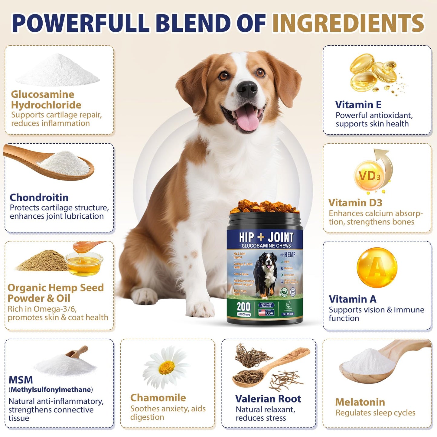Hip and Joint Supplement for Dogs 200 Hemp Dog Calming Chews with Glucosamine, Chondroitin, Msm, Omega 3, Melatonin for Senior Dogs Anxiety, Dog Pain Relief Anti Inflammatory Small/Medium/Large Breed