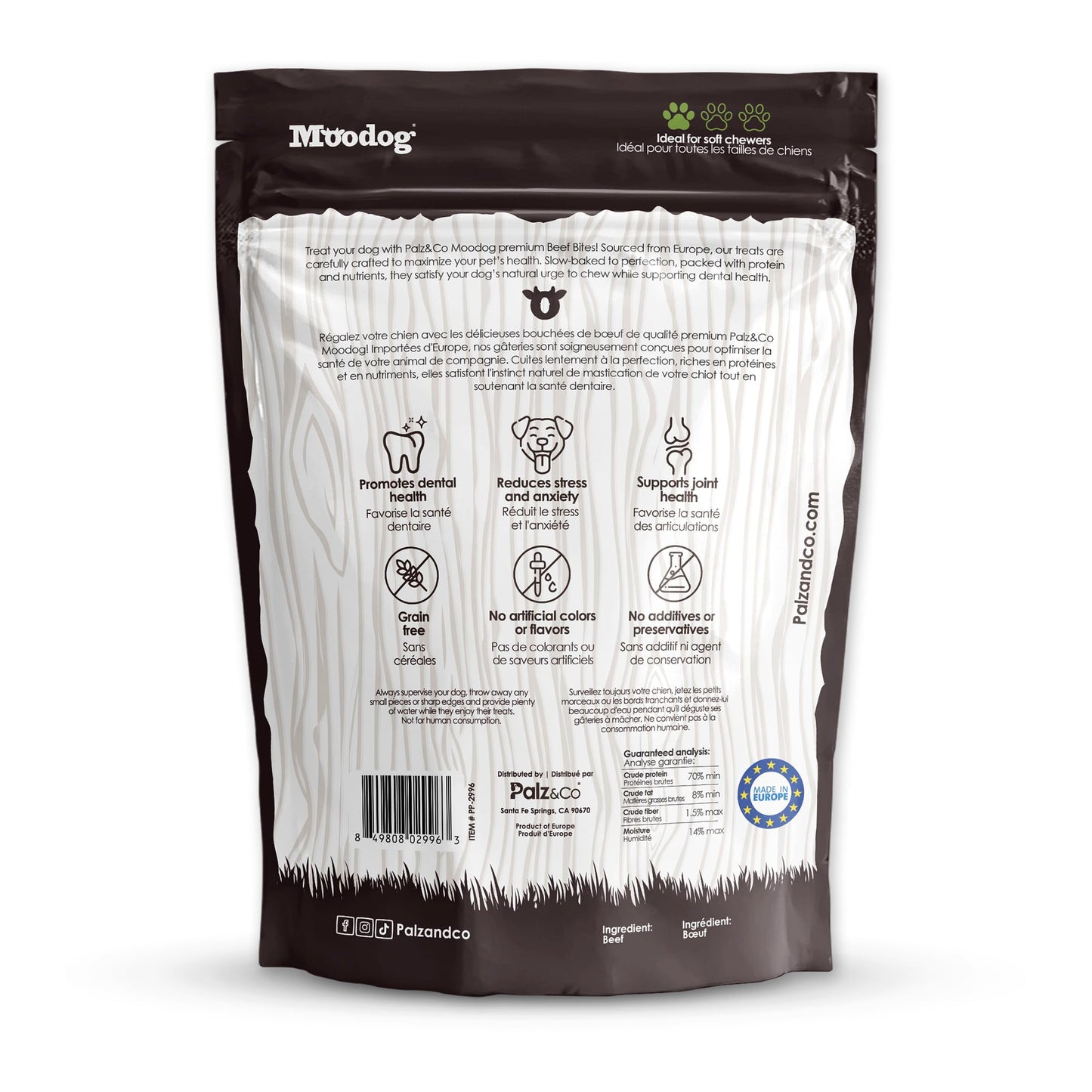 Palz&Co Moodog Beef Bites Soft Chews for Dogs - 100% Natural Grain-Free Treats to Support Dental Health, Joint Mobility, and Stress Relief, No Artificial Additives, 6 oz Bag