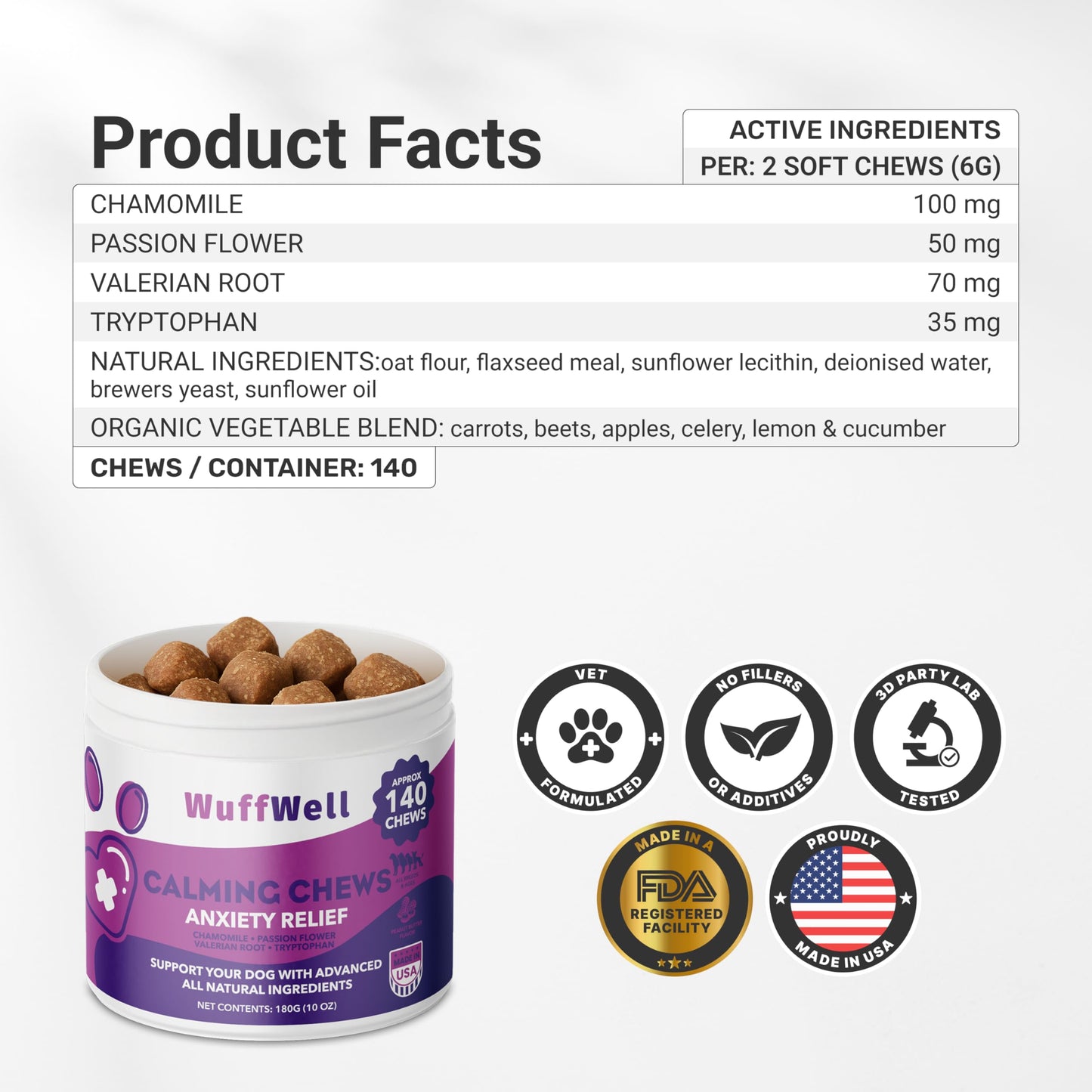 WuffWell Calming Chews for Dogs Relaxation & Hyperactivity – Chamomile, Passion Flower, Valerian Root & Tryptophan Infused Calming Bites for Dog Anxiety Relief – Made in USA – 140 Count