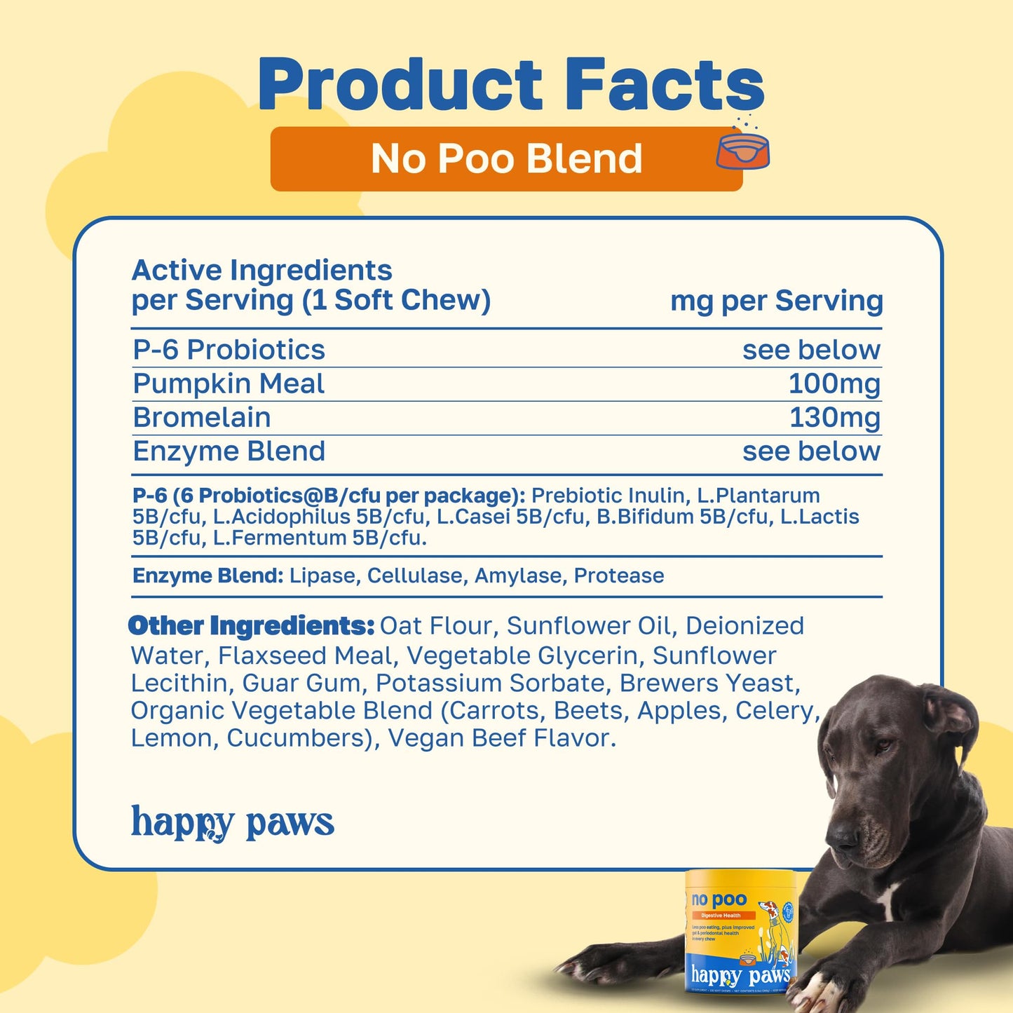Happy Paws No Poo Chews for Dogs, Stool Eating Deterrent, Soft Chews for Dogs with Bromelain, Pumpkin, Probiotics & Enzyme Blend for Digestive Health, Organic, Vegan, Non GMO, Beef Flavor, 200 Count
