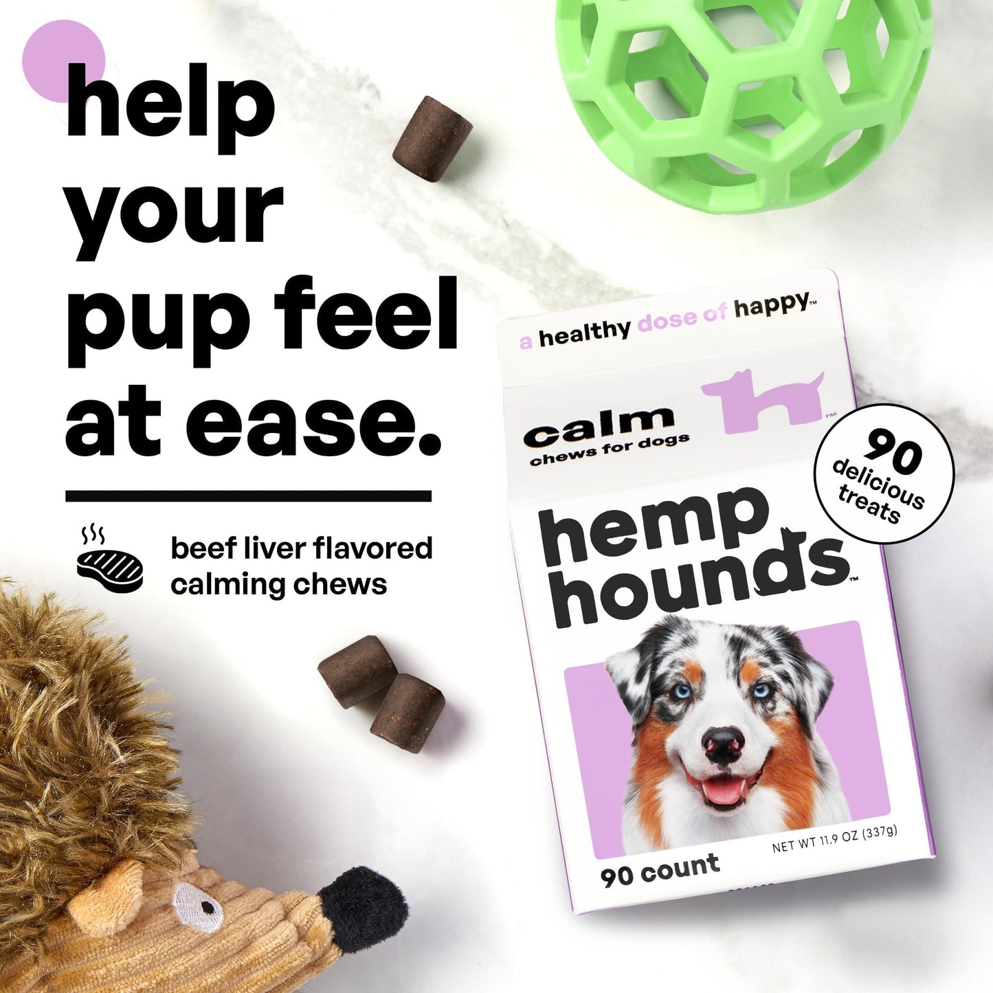 Hemp Hounds Melatonin Free Calming Chews for Dogs - Fireworks Stress - Dog Calming Treats for Anxiety Relief - 90 Count - Dog Separation Anxiety Treats - Beef Liver Flavor - Adaptogens - 11.9 oz