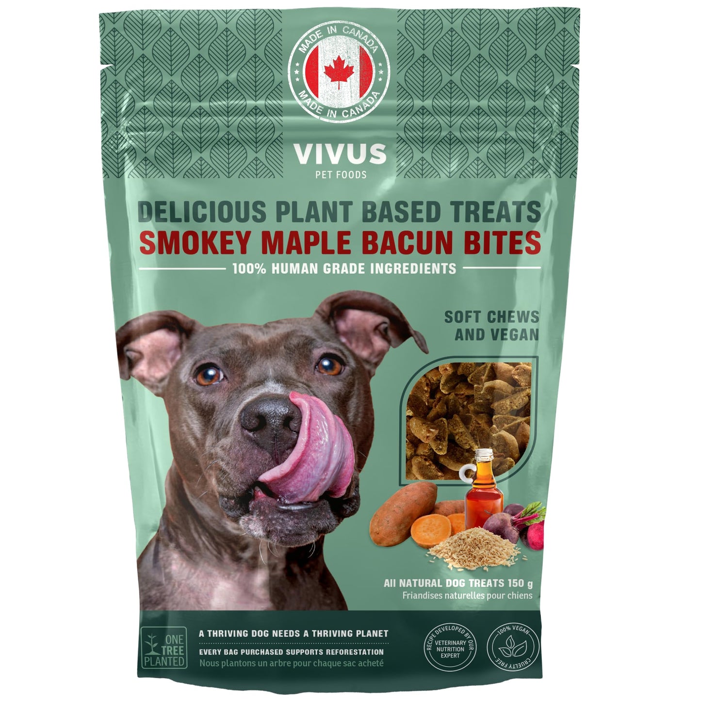 Vivus Pets Vegan Dog Treats - Smokey Maple Bacun Bites for Gut Health and Skin Coat with All Natural, Allergen Free & Human Grade Ingredient - Suitable for All Breeds, 5.3 Oz