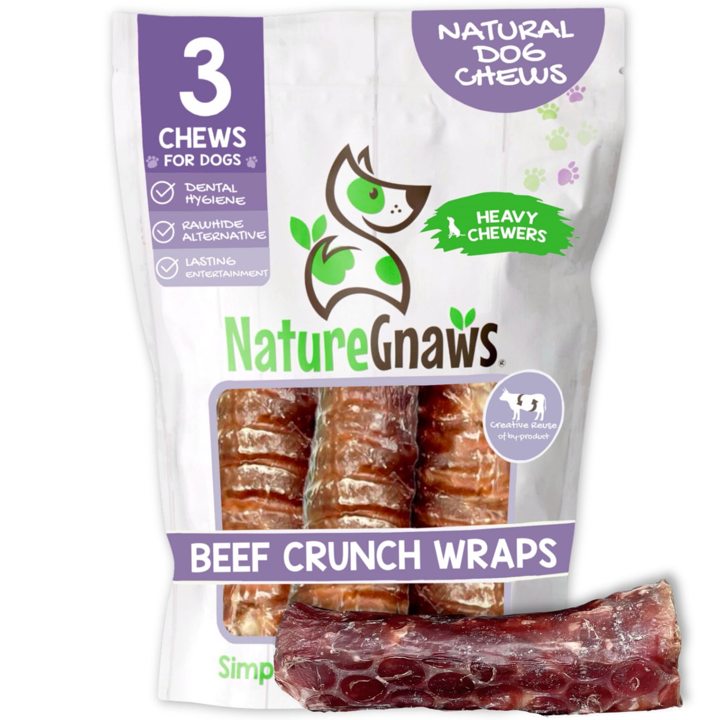 Nature Gnaws Beef Trachea Crunch Wraps for Dogs (3 Count) - Long Lasting Natural Beef Jerky Dog Chew Bones - Rawhide Free