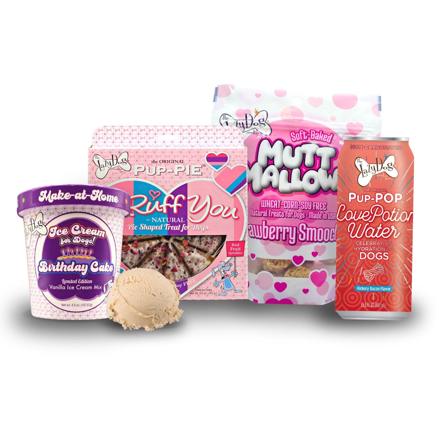 The Lazy Dog Cookie Co. Show Them Your Love Kit for Dogs. Includes I Ruff You Pie, Bag of Strawberry Smoochies, Make at Home Ice Cream and Can of The Newly Released Love-Pop