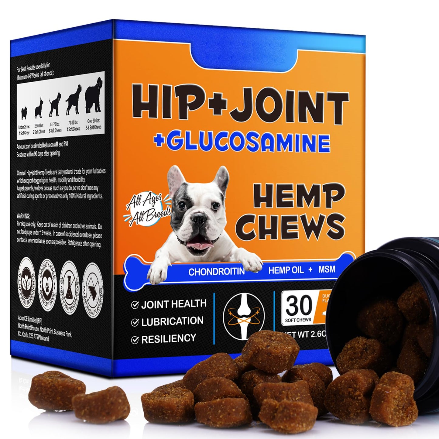Hip and Joint Supplements Chews for Dogs, 30PCS Hip & Joint Care Tablets with Glucosamine, Chondroitin, Green-Lipped Mussels and Vitamins for Dog Joint Care (Duck Flavor)