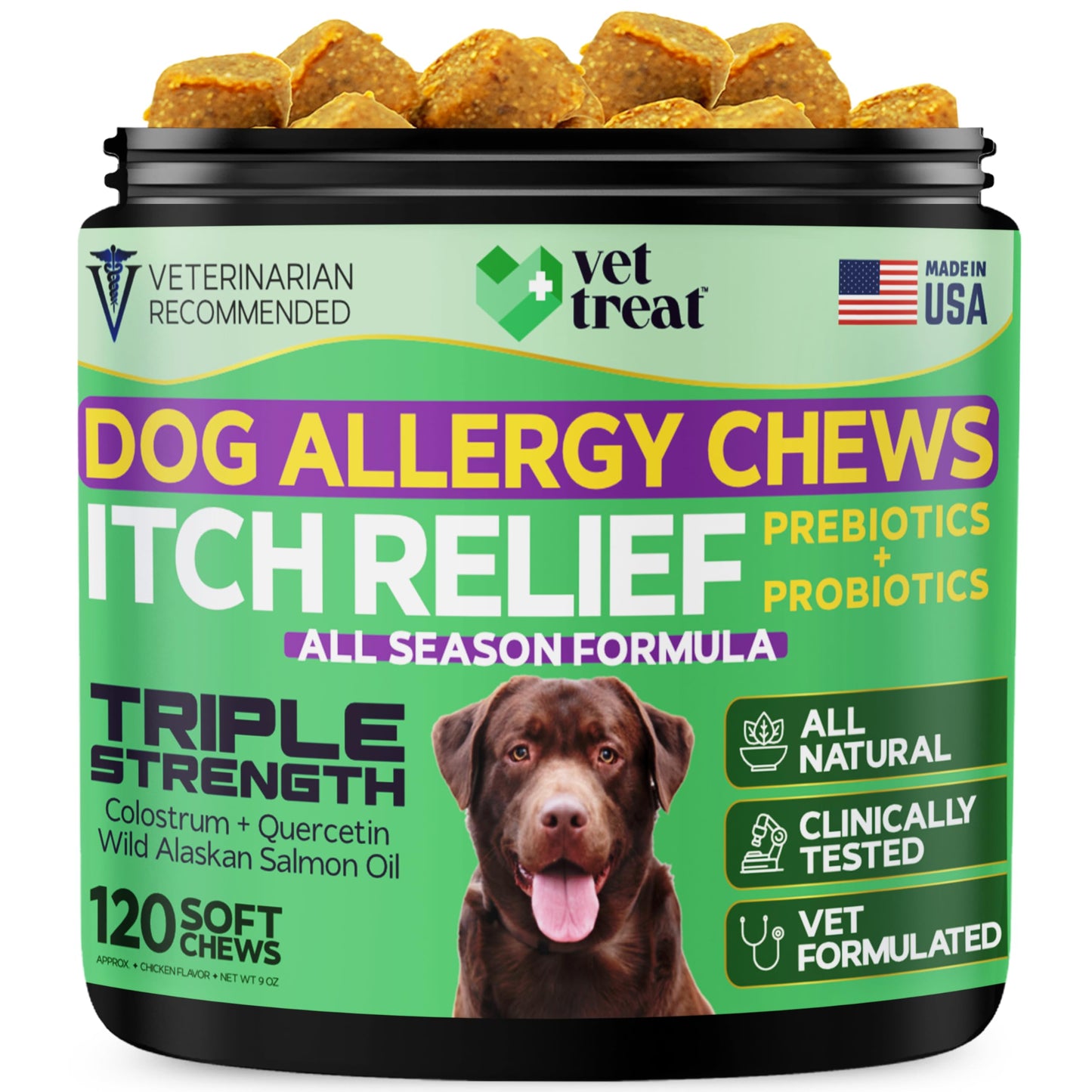 Vet Treat's Dog Allergy Relief Chews - 170 Dog Allergy Chews - Itch Relief for Dogs - Anti Itch for Dogs - Dry & Itchy Skin - Allergies & Immune Support Supplement, Omega 3 Fish Oil, Probiotics - USA