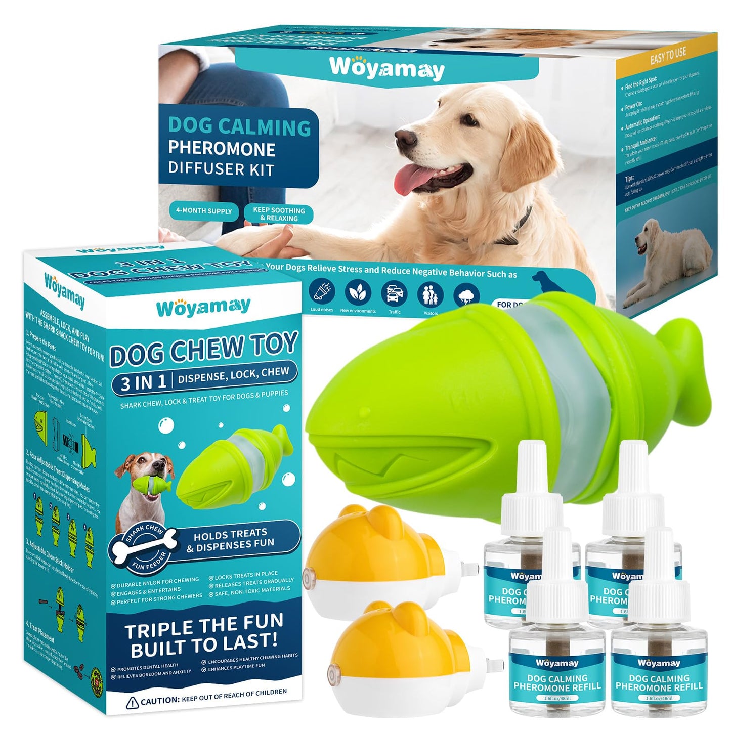 Woyamay Dog Calming Diffuser & Treat Dispensing Toy – Soothe Anxiety, Reduce Destructive Habits, and Encourage Healthy Play with Comforting Pheromones and Interactive Enrichment Tools