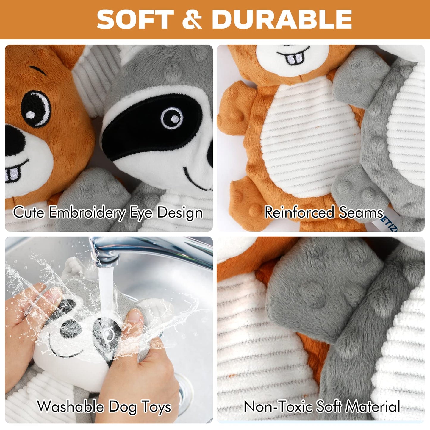 petizer Plush Squeaky Dog Toys, Stuffed and Crinkle Dog Chew Toys, Interactive Toys for Puppies, Small, Medium and Large Dogs, Cute Squirrel and Raccoon, 2 Pack