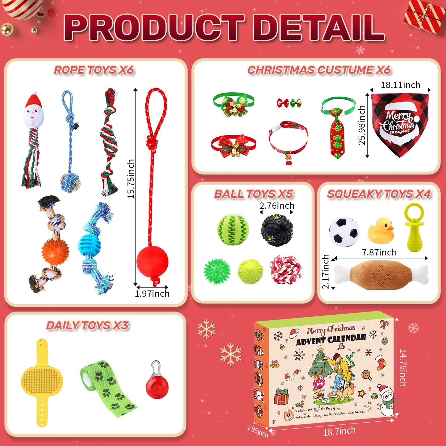 Dog Advent Calendar 2024, Christmas Dog Toys with Chew Ropes Squeaky Balls Teething Toys Dog Bow Tie Collars Bandana, 24 Set Christmas Countdown Calendar Gift for Dog Puppy