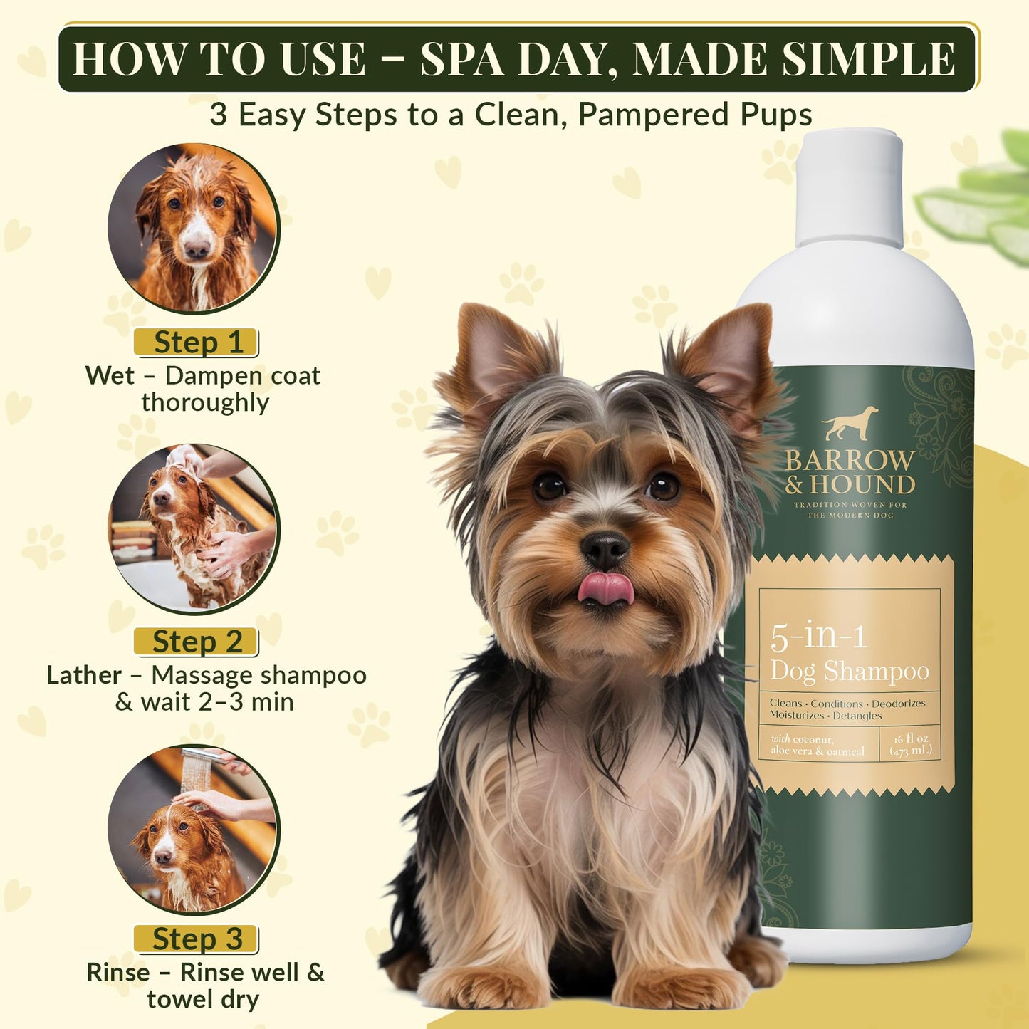 Barrow & Hound 5-in-1 Dog Shampoo & Conditioner – Natural, Tear-Free, Hypoallergenic Formula for Itchy & Smelly Dogs | Oatmeal, Aloe & Coconut | Safe for Puppies & All Breeds | Made in USA