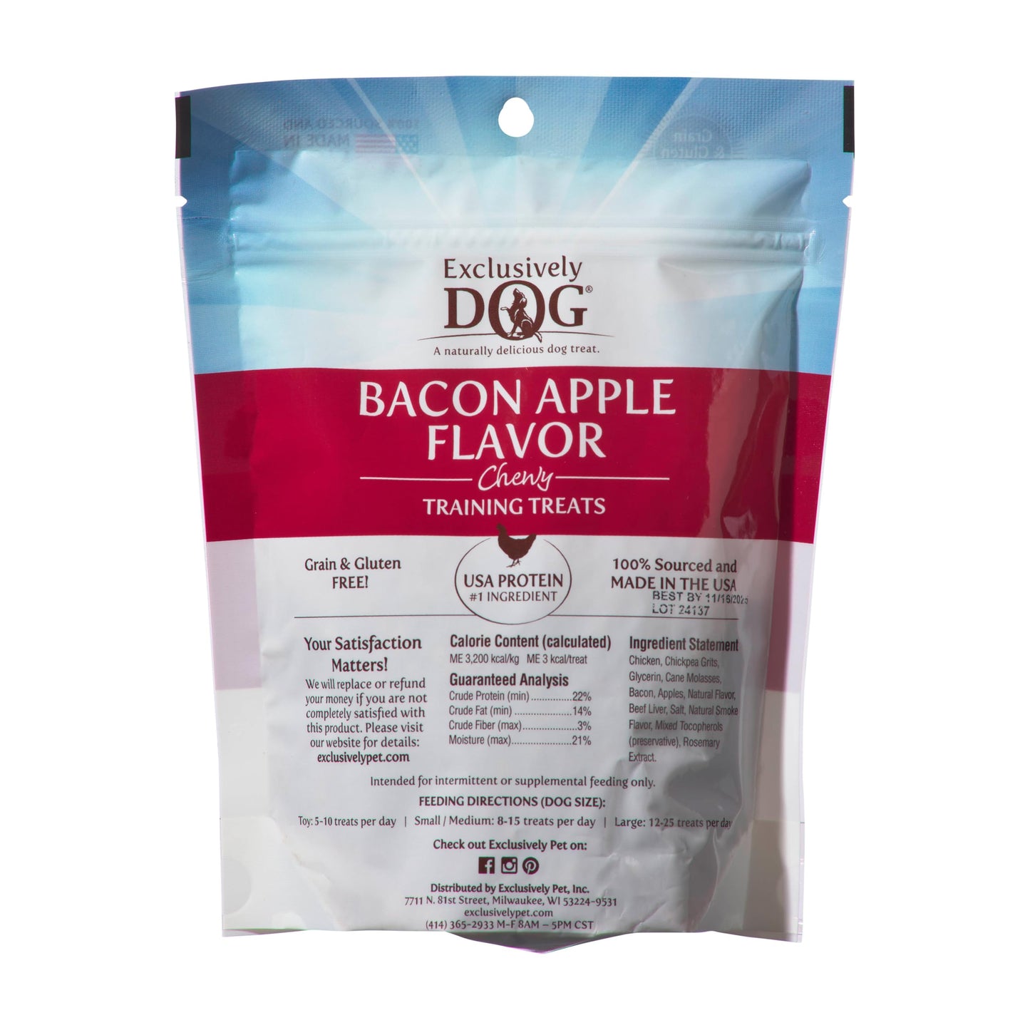 Exclusively Dog Chewy Training Treats Bacon Apple Flavor Grain Free Gluten Free, Made in The USA, 6 oz.