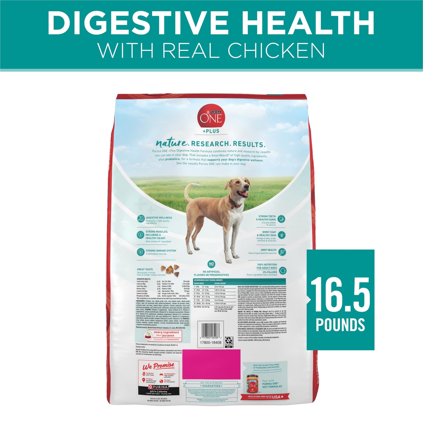 Purina One Plus Digestive Health Formula Dry Dog Food Natural with Added Vitamins, Minerals and Nutrients - 16.5 Lb. Bag