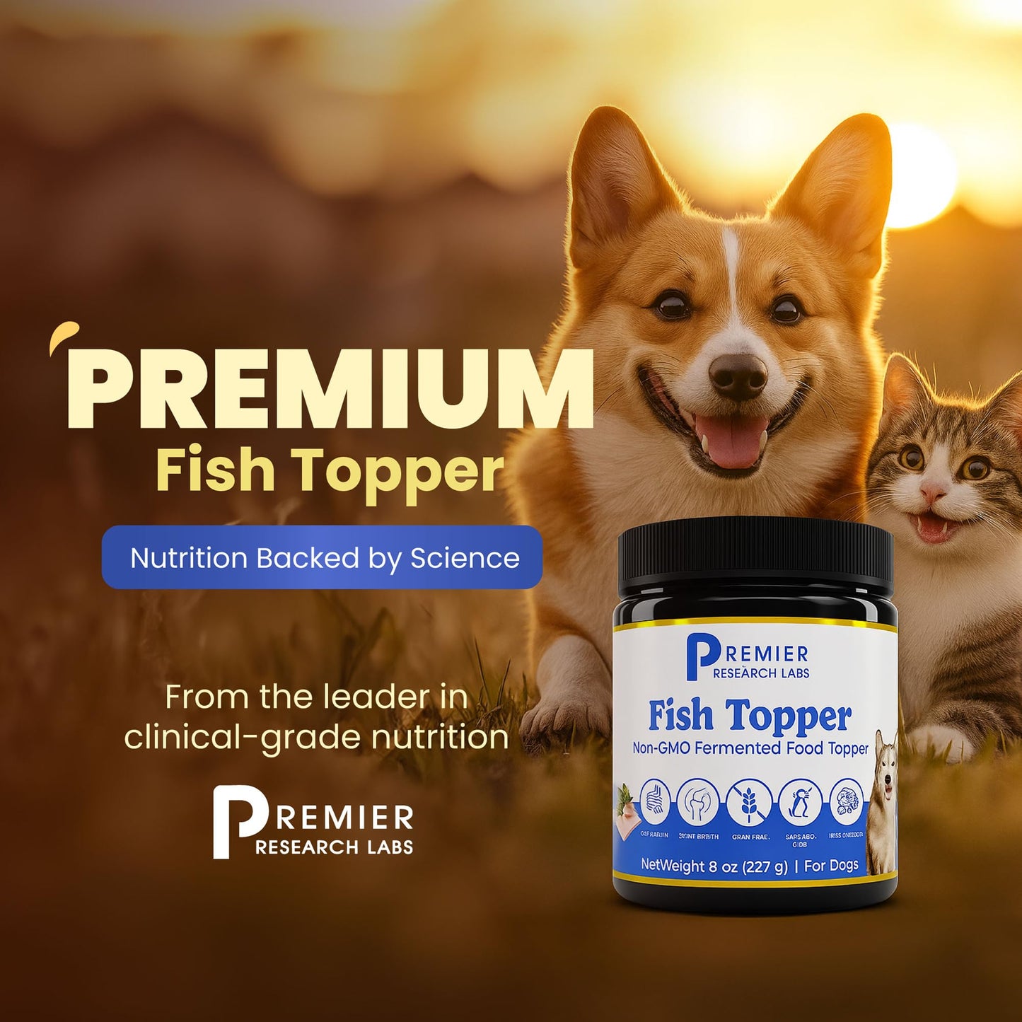 Premier Research Labs Fish Topper - Dried Dog Food Topper for Pets, Meal Mix Ins for Kibble, Supports Gut & Joint Health, Natural Source of Protein, Fermented, Grain Free, Non GMO - 16 oz